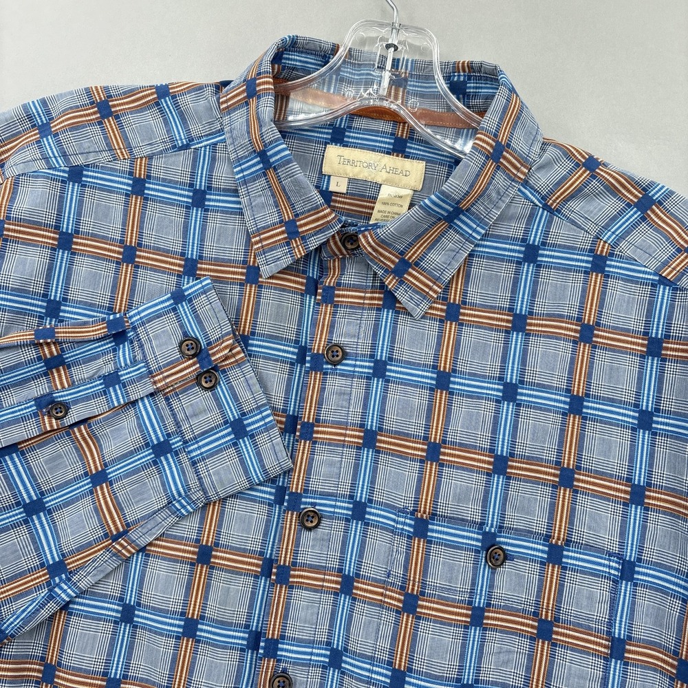 Territory Ahead Shirt Mens Large Blue Brown Plaid Button Up Long Sleeve Cotton